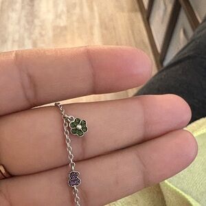 Tous Silver Bracelet with Green and Purple Paw Charms (flower and bear)